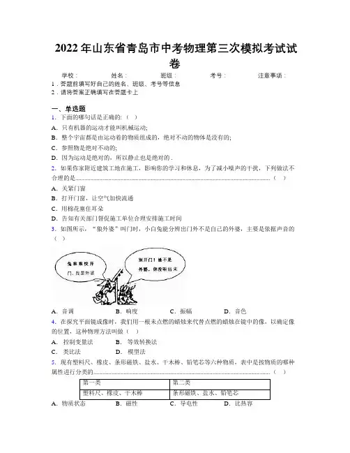 2022年山东省青岛市中考物理第三次模拟考试试卷及解析