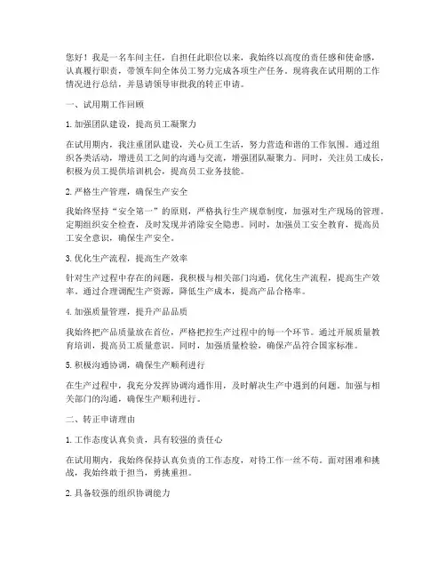 车间主任的转正报告