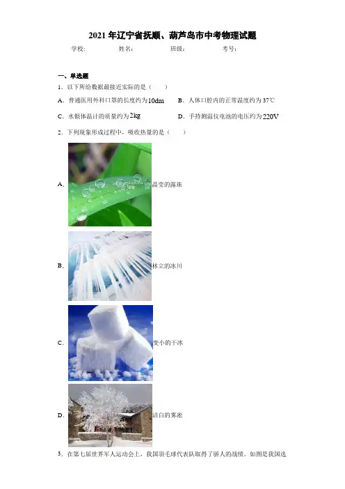 2021年辽宁省抚顺、葫芦岛市中考物理试题