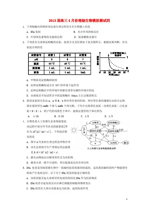 2013届高三理综4月份模拟测试四(生物部分)新人教版