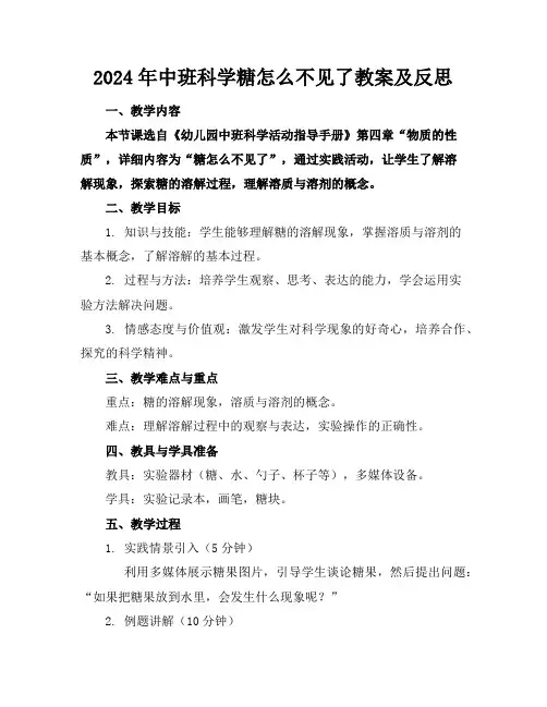 2024年中班科学糖怎么不见了教案及反思
