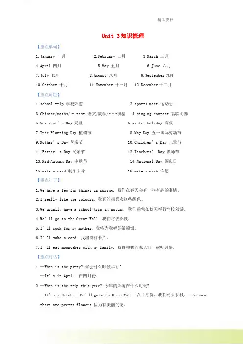五年级英语下册Unit3Myschoolcalendar知识梳理人教PEP版