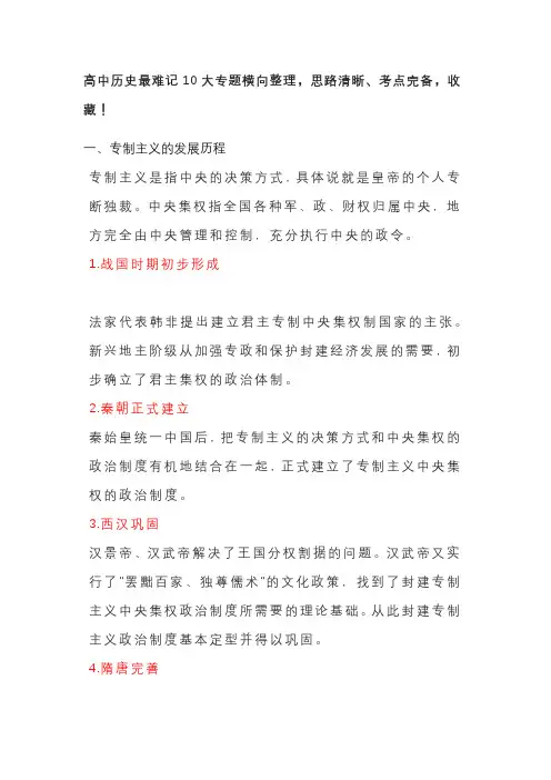 高中历史最难记10大专题横向整理,思路清晰、考点完备,收藏!