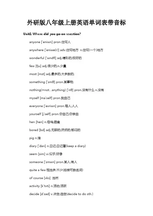 外研版八年级上册英语单词表带音标