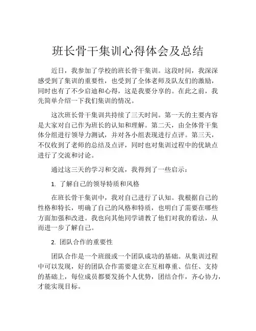 班长骨干集训心得体会及总结