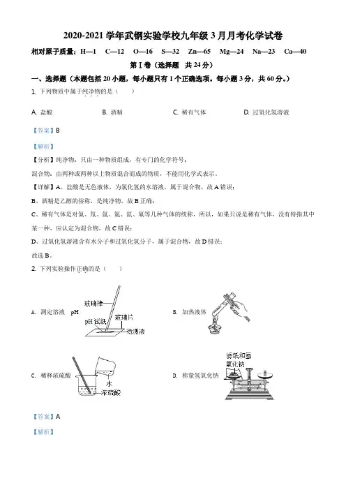 ：湖北省武汉市青山区武钢实验学校2020-2021学年九年级下学期3月月考化学试题(解析版)