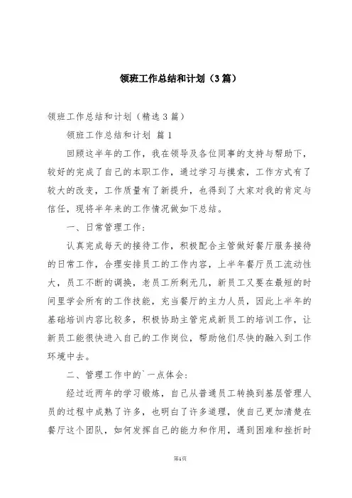 领班工作总结和计划(3篇)