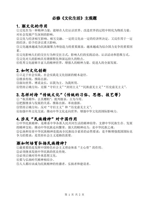 必修3文化生活重点主观题必背