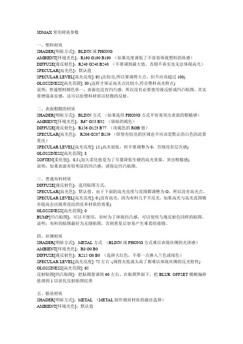 3d标准材质常用参数