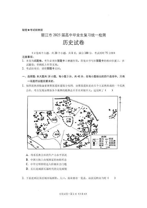 云南省丽江市2025届高中毕业生复习统一检测-历史试题含答案