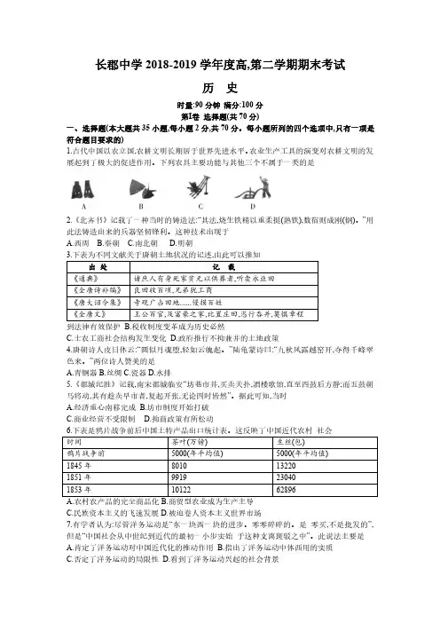 湖南省长郡中学2018-2019学年高一下学期期末考试 历史(含答案)