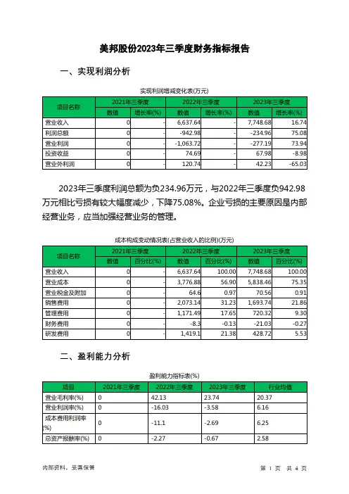 605033美邦股份2023年三季度财务指标报告