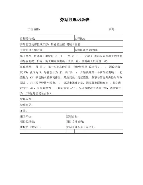 旁站监理记录表(钻孔灌注桩)