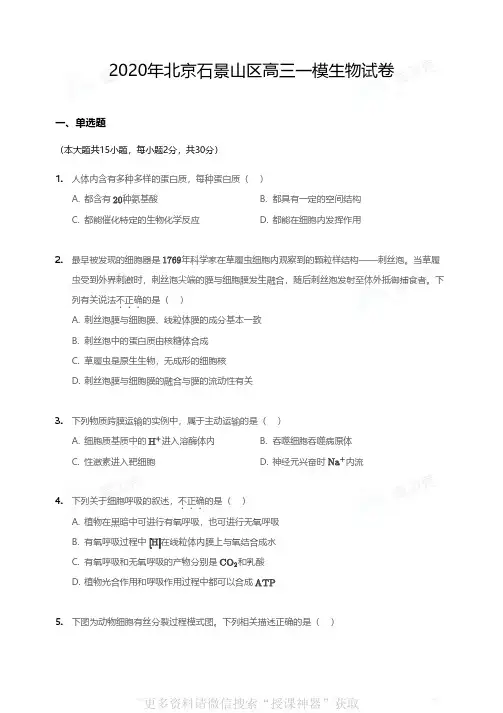 2020年北京石景山区高三一模生物试卷
