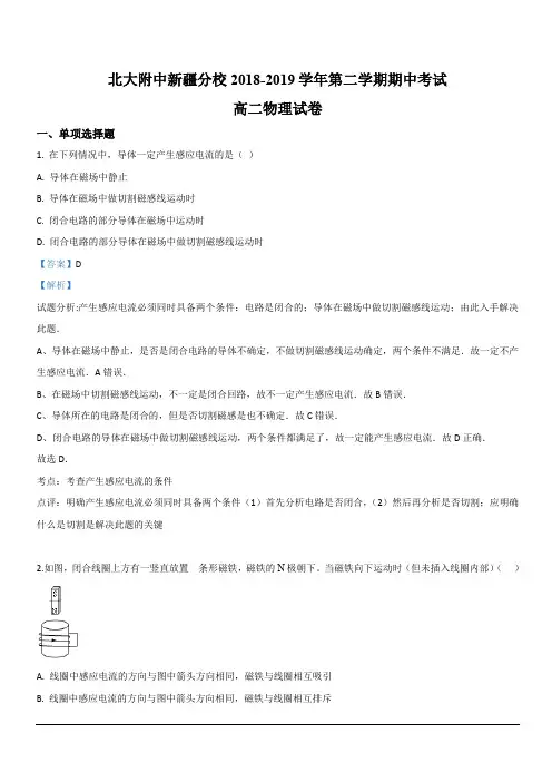 新疆北大附中新疆分校2018-2019学年高二下学期期中考试物理试卷 含解析