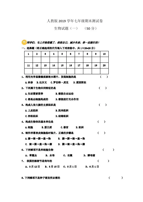人教版2019学年七年级期末生物试卷含答案(共十套)