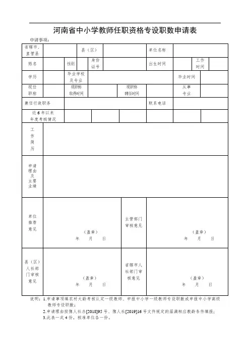 河南省中小学教师任职资格专设职数申请表(1)