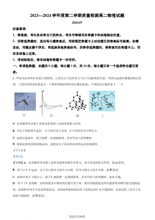 山东济宁市2024年高二下学期7月期末考试物理试题(解析版)