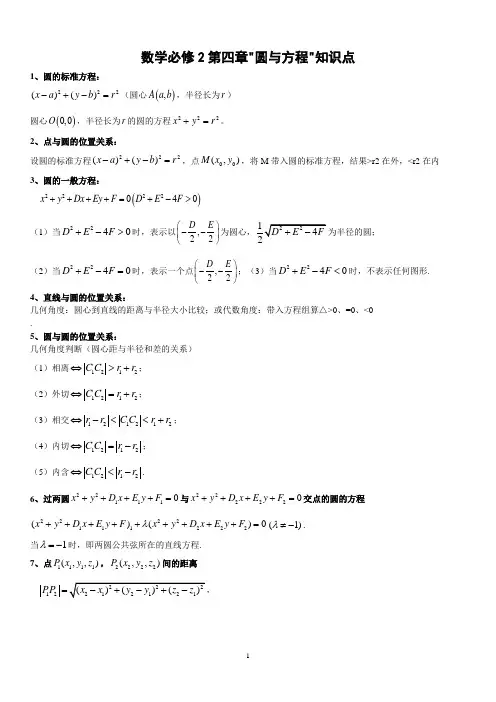 高一数学必修二第四章圆与方程知识点总结