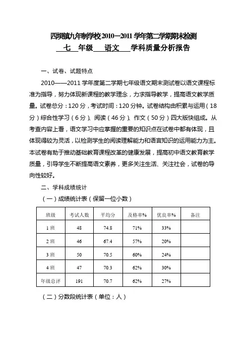 七年级语文下册学科质量分析报告