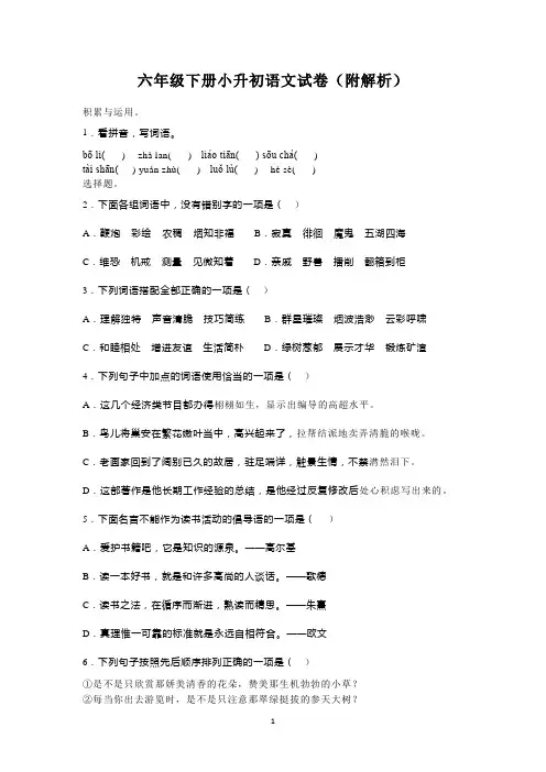六年级下册小升初语文试卷(附解析)