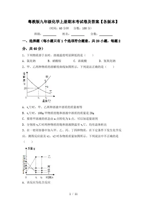 粤教版九年级化学上册期末考试卷及答案【各版本】