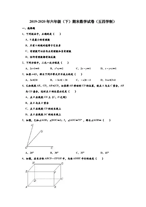 2019-2020年上海市普陀区六年级下学期期末数学试卷(五四学制) (解析版)