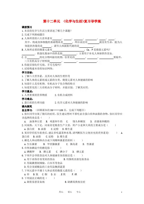 九年级化学 第十二单元化学与生活复习导学案(无答案)人教新课标版