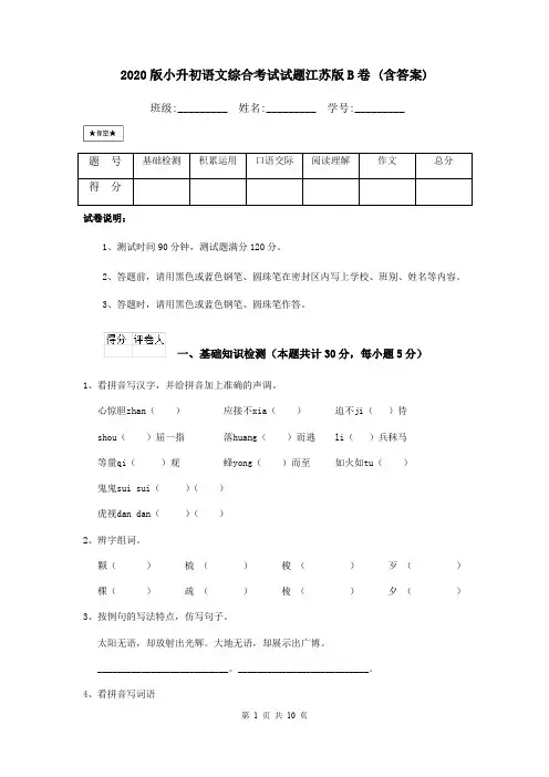 2020版小升初语文综合考试试题江苏版B卷 (含答案)