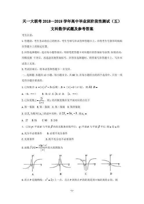 河南省天一大联考高2019届高2016级高三阶段性测试(五)文科数学试题及参考答案