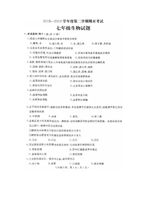 2018-2019学年度第二学期期末考试 七年级生物期末-栾城区