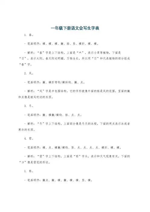 一年级下册语文会写生字表