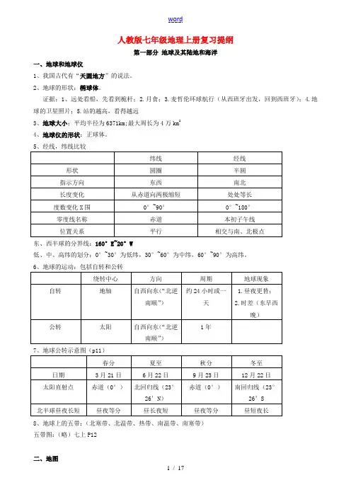 七年级地理上册复习提纲 人教新课标版