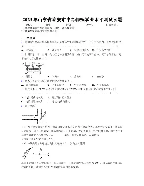 2023年山东省泰安市中考物理学业水平测试试题及解析