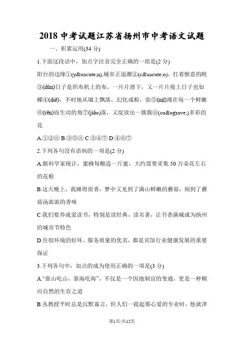 2018中考试题江苏省扬州市中考语文试题