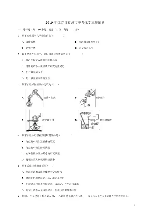 江苏省泰州市2019年中考化学三模试卷解析版