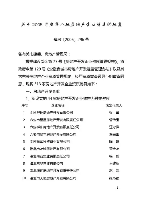 关于2005年度第八批房地产企业资质的批复