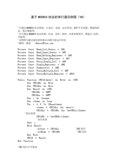 基于MODBUS协议的串行通讯例程(VB)