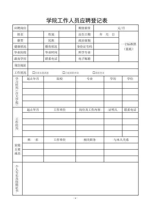 学院工作人员应聘登记表