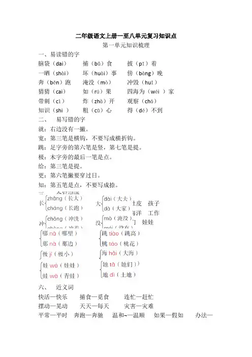 二年级语文上册第一至八单元重要知识点
