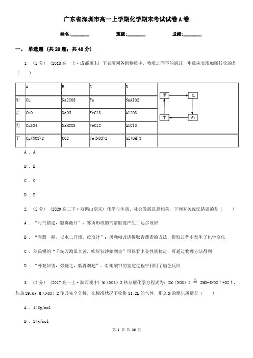 广东省深圳市高一上学期化学期末考试试卷A卷