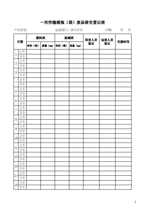 一次性输液瓶(袋)废品移交登记表