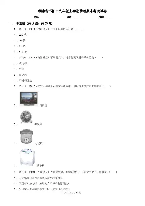 湖南省邵阳市九年级上学期物理期末考试试卷