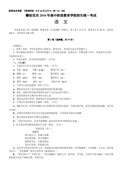 攀枝花2010年中考语文试题及答案(Word版)