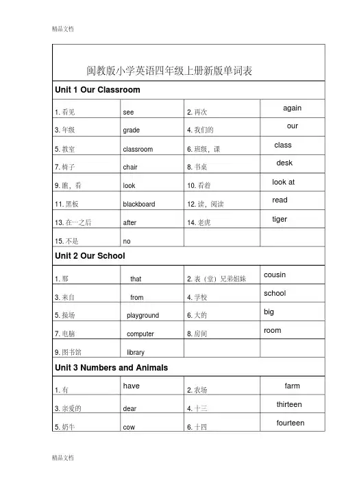 最新闽教版小学英语四年级上册新版单词表