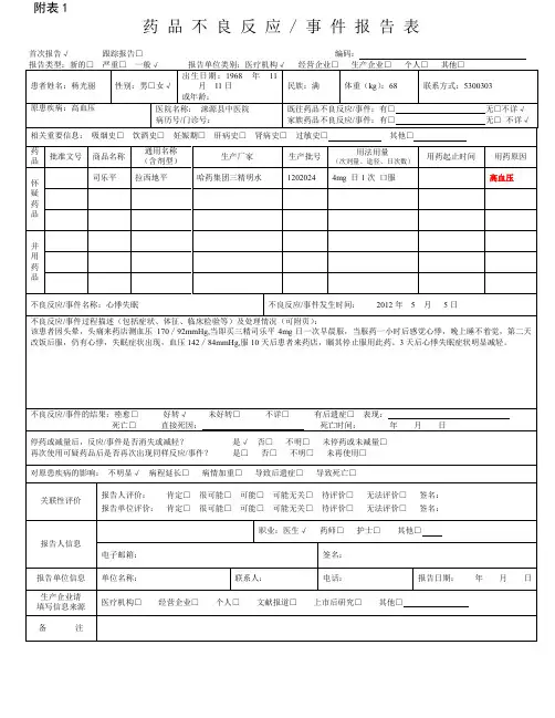药品不良反应报告表范本