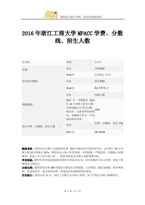2016年浙江工商大学MPACC学费、分数线、招生人数