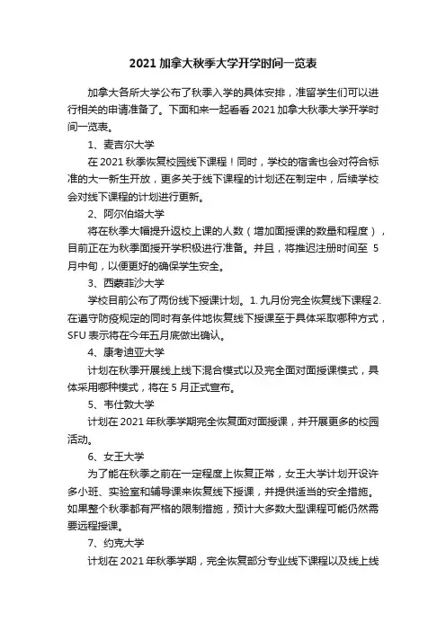 2021加拿大秋季大学开学时间一览表