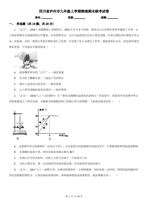 四川省泸州市九年级上学期物理期末联考试卷