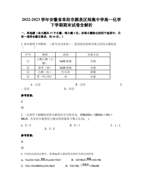 2022-2023学年安徽省阜阳市颍泉区闻集中学高一化学下学期期末试卷含解析